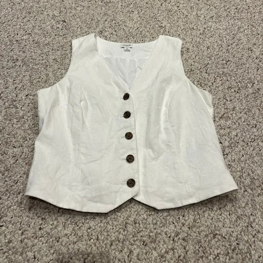 J Crew Button Front Linen Blend Vest 8 White Preppy Coastal Classic Casual